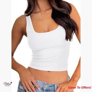 Cotton Rib Tank Top with Removable Pads, Fitted Crop Tank